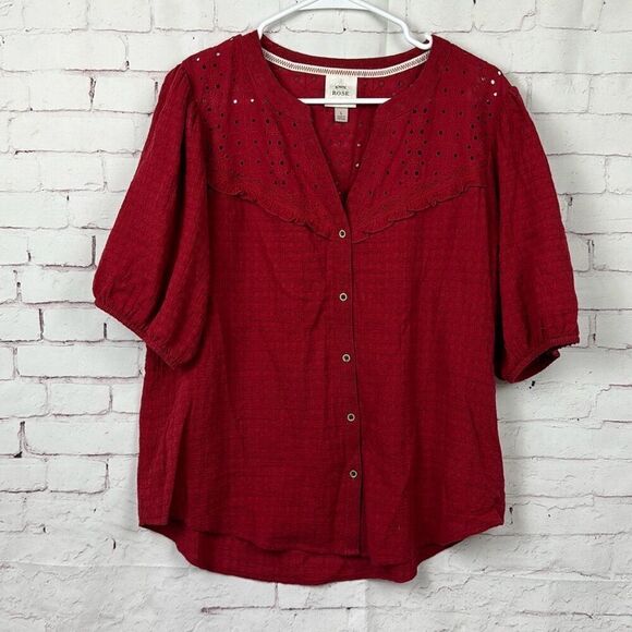 Knox Rose Shirt Womens Large Button Down Blouse Top Puff Sleeve Eyelet Lace Red - Picture 1 of 11